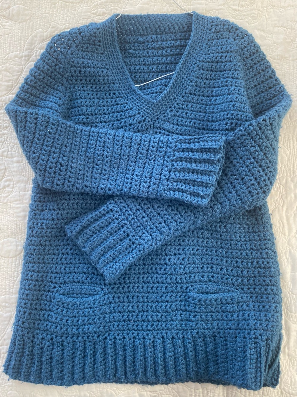 Handmade Blue Crochet V-Neck Sweater with Pockets